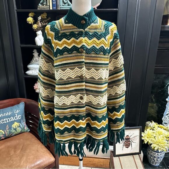 Vintage Green and Yellow Sweater Poncho One Size - Picture 1 of 14